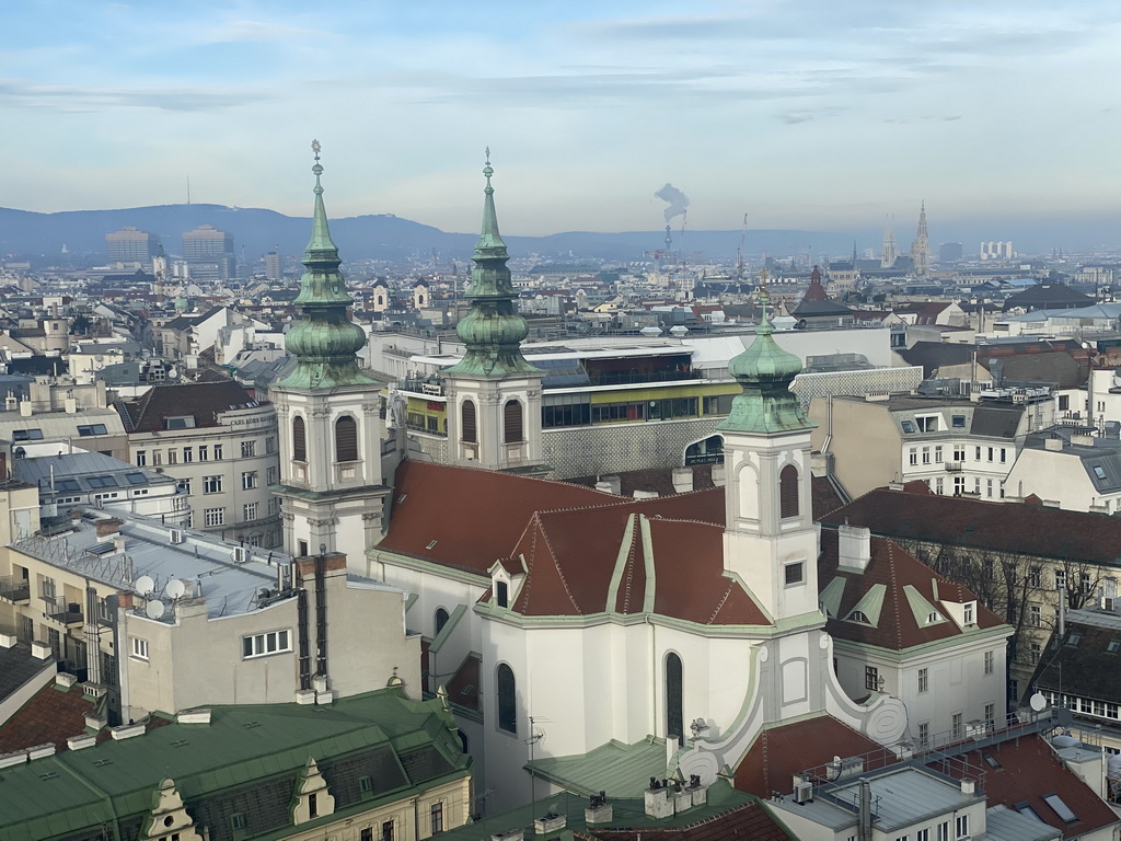 The city center with the Mariahilfer Kirche church, viewed from the rooftop terrace at the eleventh floor of the Haus des Meeres aquarium