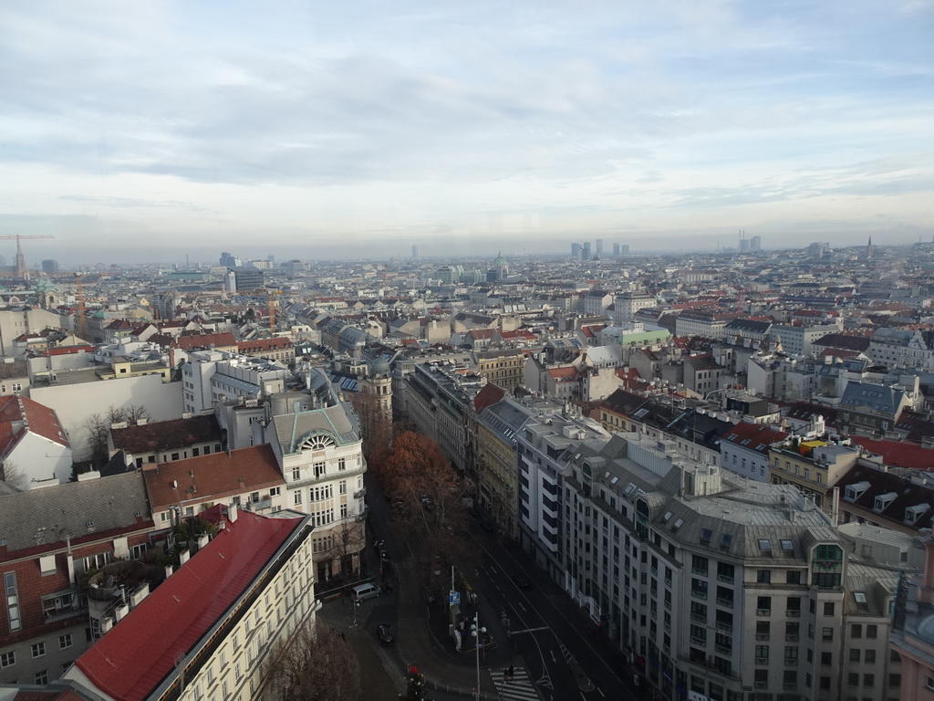 The east side of the city with the Gumpendorfer Straße street, viewed from the rooftop terrace at the eleventh floor of the Haus des Meeres aquarium