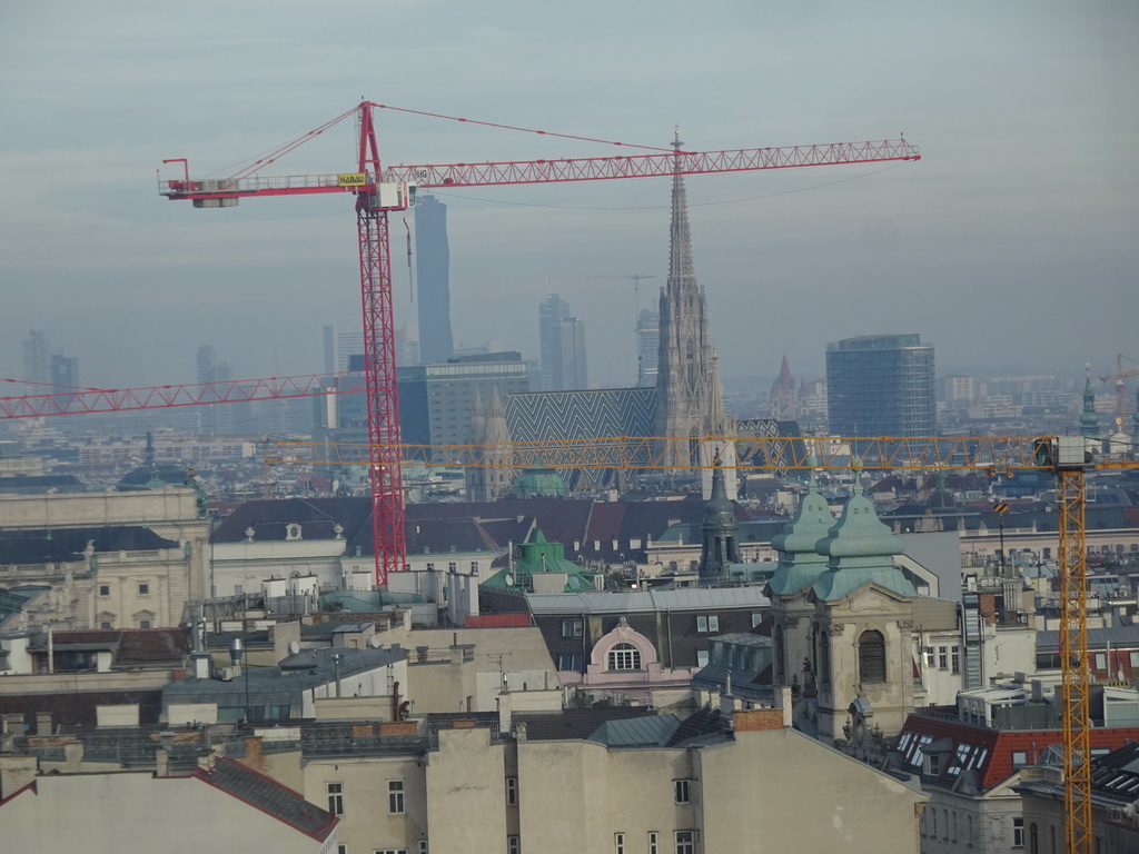 The city center with St. Stephen`s Cathedral and the DC Tower 1, viewed from the rooftop terrace at the eleventh floor of the Haus des Meeres aquarium