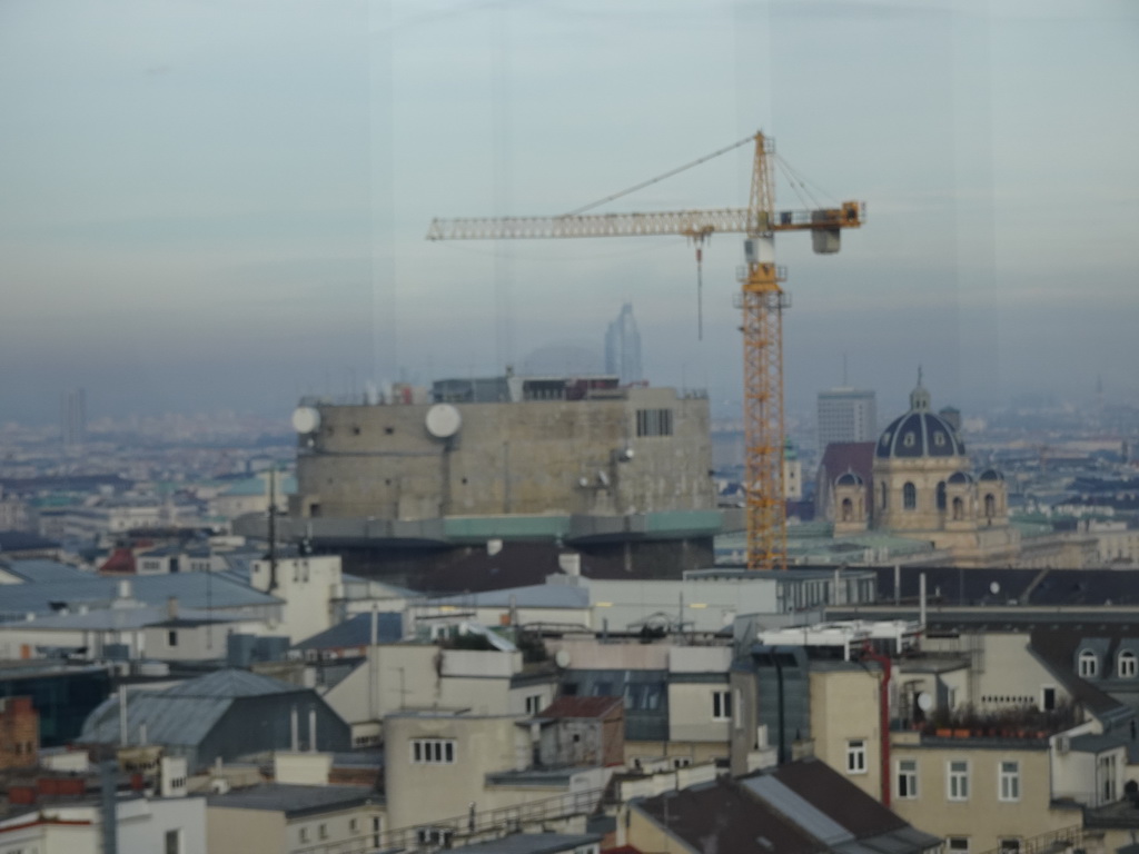 The city center with the Flakturm Stiftgasse tower and the Museum of Natural History Vienna, viewed from the rooftop terrace at the eleventh floor of the Haus des Meeres aquarium