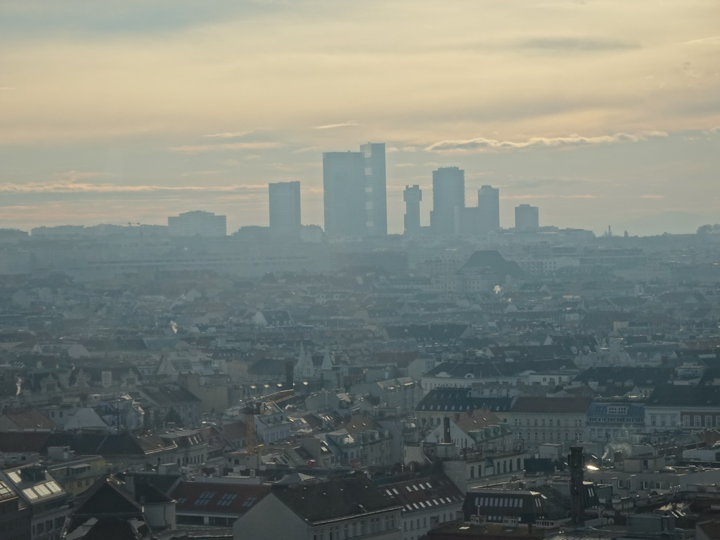 South side of the city and skyscrapers at the Wienerberg City neighbourhood, viewed from the rooftop terrace at the eleventh floor of the Haus des Meeres aquarium