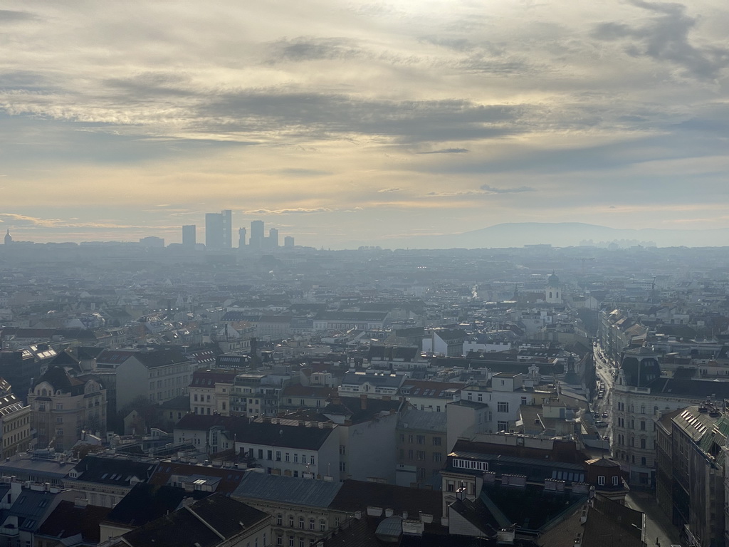 South side of the city and skyscrapers at the Wienerberg City neighbourhood, viewed from the rooftop terrace at the eleventh floor of the Haus des Meeres aquarium