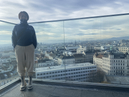 Miaomiao at the rooftop terrace at the eleventh floor of the Haus des Meeres aquarium, with a view on the southwest side of the city