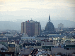 The southwest side of the city with the Hotel Ibis Wien Mariahilf and the Kirche Maria vom Siege church, viewed from the rooftop terrace at the eleventh floor of the Haus des Meeres aquarium