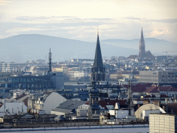 The west side of the city with the Lazaristenkirche church and the Katholische Kirche Breitensee church, viewed from the rooftop terrace at the eleventh floor of the Haus des Meeres aquarium