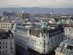 The northwest side of the city with the Pfarrkirche St. Laurenz am Schottenfeld church, viewed from the rooftop terrace at the eleventh floor of the Haus des Meeres aquarium
