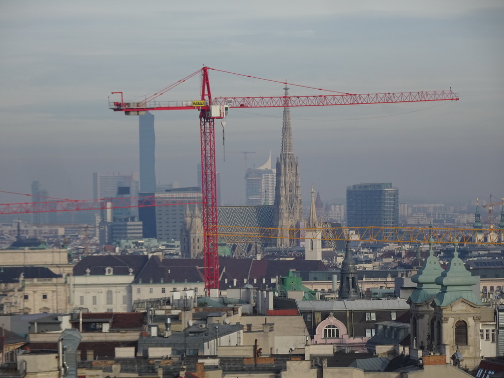 The city center with St. Stephen`s Cathedral and the DC Tower 1, viewed from the rooftop terrace at the eleventh floor of the Haus des Meeres aquarium