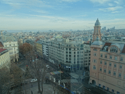 The Esterházypark and the Gumpendorfer Straße street with rainbow pedestrian crossing, viewed from the staircase from the seventh to the sixth floor of the Haus des Meeres aquarium