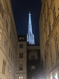 The Nikolaigasse street and the South Tower of St. Stephen`s Cathedral, by night