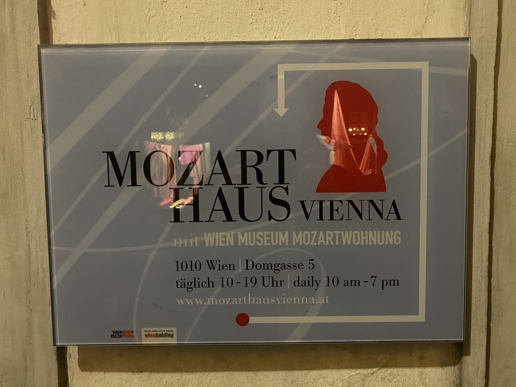 Sign at the back side of the Mozarthaus Vienna at the Schulerstraße street, by night