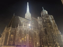Northeast side of St. Stephen`s Cathedral, viewed from the Stephansplatz square, by night