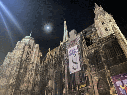 Northwest side of St. Stephen`s Cathedral, viewed from the Stephansplatz square, by night