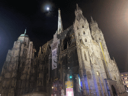 Northwest side of St. Stephen`s Cathedral, viewed from the Stephansplatz square, by night