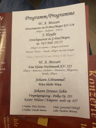 Programme of the `Concert in Mozart`s House` at the Sala Terrena room at the Deutschordenshaus Wien, right after the `Concert in Mozart`s House`