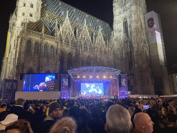 The Stephansplatz square with a Silvesterpfad stage and the southwest side of St. Stephen`s Cathedral, by night