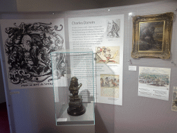 Statuette of a monkey and information on Charles Darwin at the upper floor of the Monkey House at the Schönbrunn Zoo