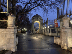 The Wienflussportal structure at the southwest side of the Stadtpark, viewed from the Johannesgasse street, at sunset