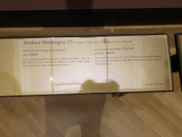 Explanation on the painting `David with the Head of Goliath` by Andrea Mantegna at Room 5 of the Picture Gallery at the first floor of the Kunsthistorisches Museum Wien