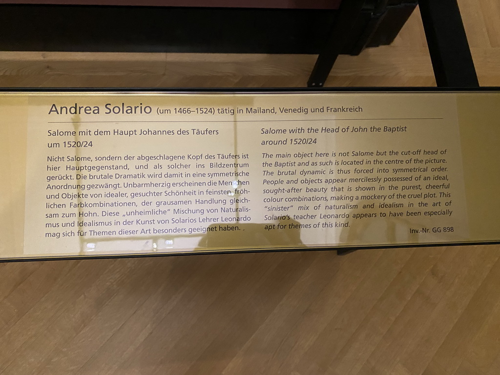 Explanation on the painting `Salome with the Head of John the Baptist` by Andrea Solario at Room 6 of the Picture Gallery at the first floor of the Kunsthistorisches Museum Wien