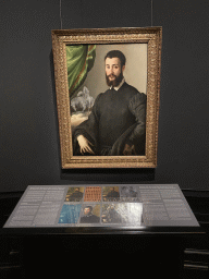 Painting `Portrait of a Man from the Santacroce Family` by Francesco de` Rossi at Room 8 of the Picture Gallery at the first floor of the Kunsthistorisches Museum Wien, with explanation