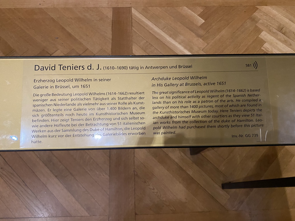 Explanation on the painting `Archduke Leopold Wilhelm in His Gallery at Brussels` by David Teniers de Jonge at Room 21 of the Picture Gallery at the first floor of the Kunsthistorisches Museum Wien