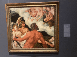 Painting `Vulcan, Venus and Mars` by Maerten van Heemskerck at Room 15 of the Picture Gallery at the first floor of the Kunsthistorisches Museum Wien, with explanation