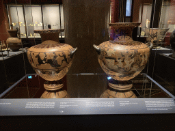 Hydria vases `Return of Hephaestus to Olympus` and Hercules and Busiris` at Room XIV of the Collection of Greek and Roman Antiquities at the upper ground floor of the Kunsthistorisches Museum Wien, with explanation