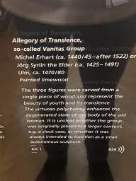 Explanation on the statue `Allegory of Transience` by Michel Erhart and Jörg Syrlin the Elder at Room XXXIV of the Kunstkammer Vienna at the upper ground floor of the Kunsthistorisches Museum Wien