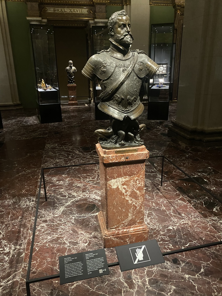 Bust of Emperor Rudolf II by Adriaen de Vries at Room XXVII of the Kunstkammer Vienna at the upper ground floor of the Kunsthistorisches Museum Wien, with explanation