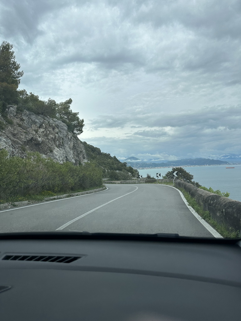The Amalfi Drive just west of the town of Erchie, the Tyrrhenian Sea and the city of Salerno, viewed from our rental car