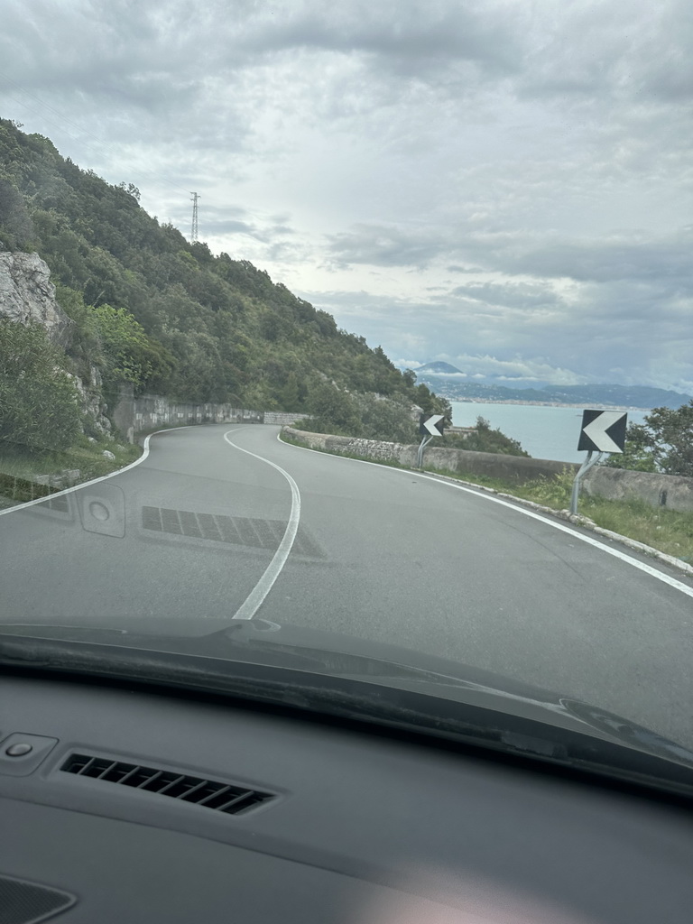 The Amalfi Drive just west of the town of Erchie, the Tyrrhenian Sea and the city of Salerno, viewed from our rental car