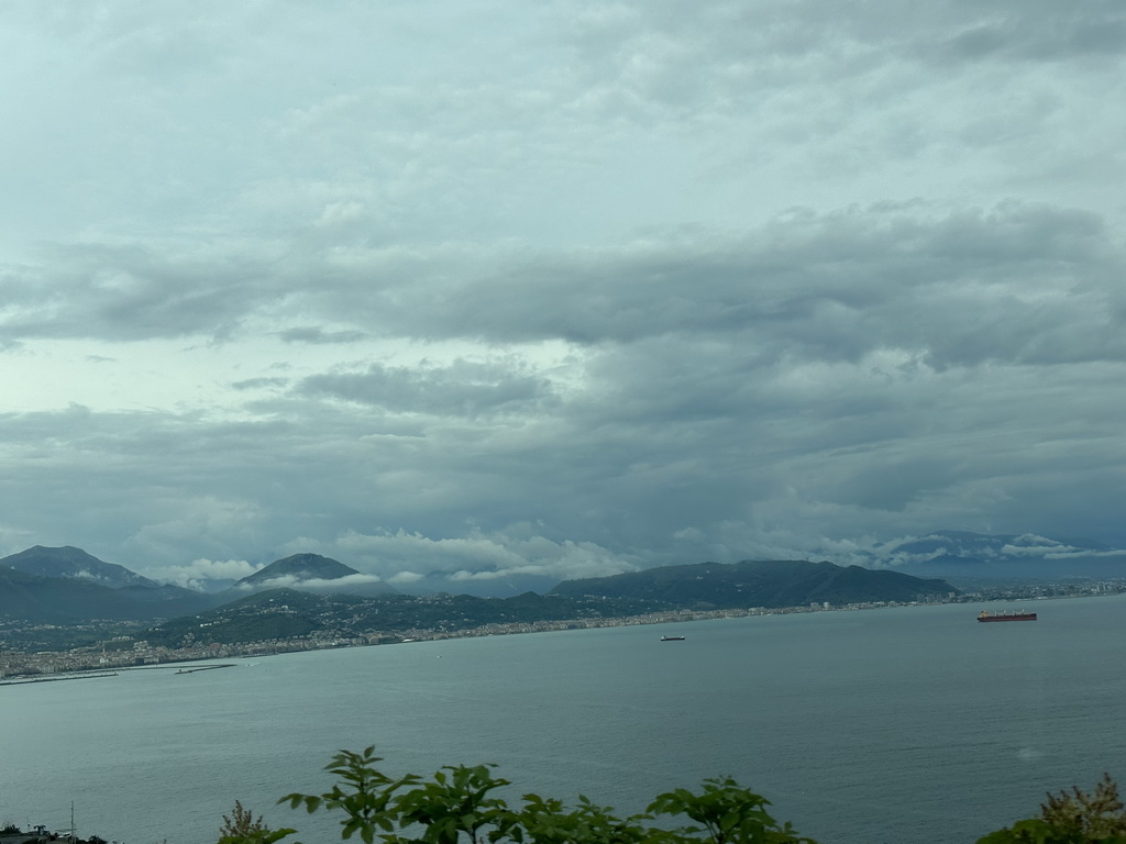 The Tyrrhenian Sea and the city of Salerno, viewed from our rental car on the Amalfi Drive just west of the town of Erchie