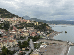 The city center with the Chiesa Parrocchiale di San Giovanni Battista church, the Lido California beach, the Tyrrhenian Sea and the city of Salerno, viewed from the roof terrace of the Hotel Voce del Mare
