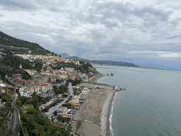 The city center with the Chiesa Parrocchiale di San Giovanni Battista church, the Lido California beach, the Tyrrhenian Sea and the city of Salerno, viewed from the roof terrace of the Hotel Voce del Mare