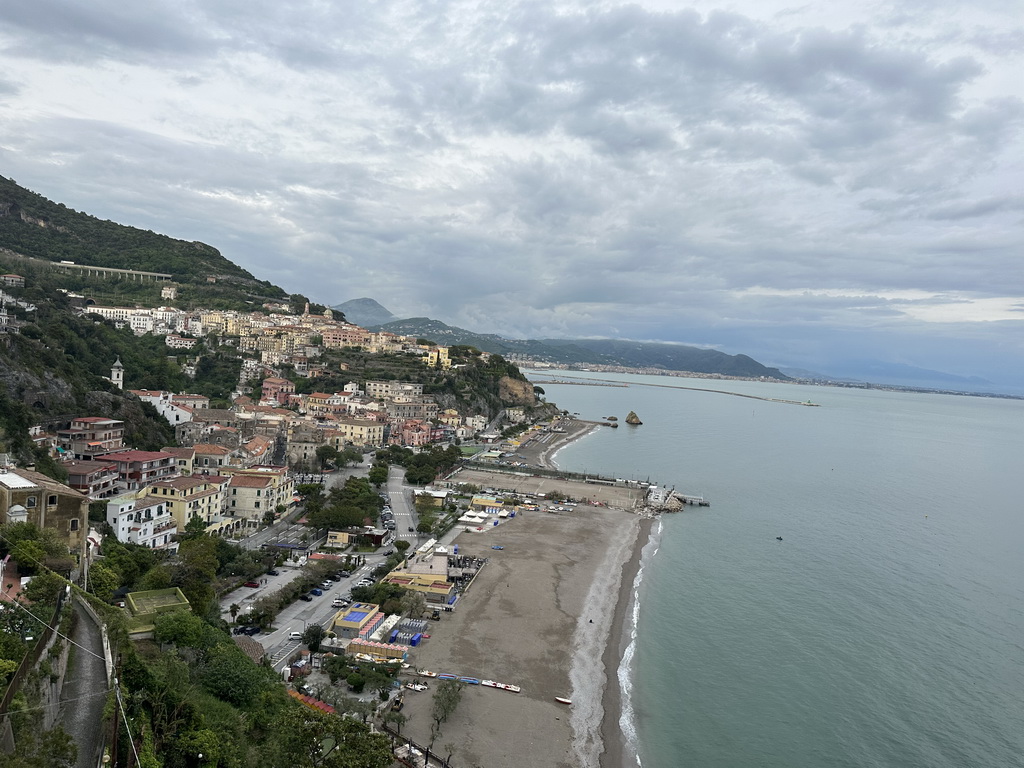 The city center with the Chiesa Parrocchiale di San Giovanni Battista church, the Lido California beach, the Tyrrhenian Sea and the city of Salerno, viewed from the roof terrace of the Hotel Voce del Mare