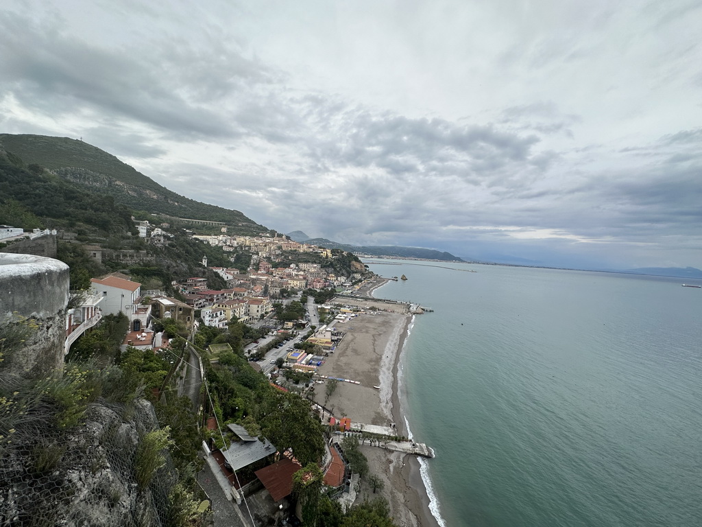 The city center with the Chiesa Parrocchiale di San Giovanni Battista church, the Lido California beach, the Tyrrhenian Sea and the city of Salerno, viewed from the roof terrace of the Hotel Voce del Mare