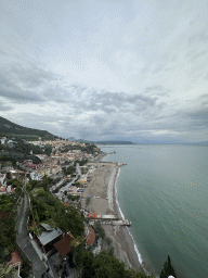 The city center with the Chiesa Parrocchiale di San Giovanni Battista church, the Lido California beach, the Tyrrhenian Sea and the city of Salerno, viewed from the roof terrace of the Hotel Voce del Mare