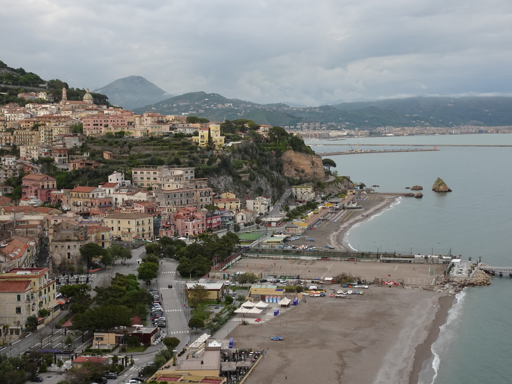 The city center with the Chiesa Parrocchiale di San Giovanni Battista church, the Lido California beach, the Tyrrhenian Sea and the city of Salerno, viewed from the roof terrace of the Hotel Voce del Mare