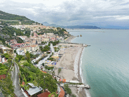 The city center with the Chiesa Parrocchiale di San Giovanni Battista church, the Lido California beach, the Tyrrhenian Sea and the city of Salerno, viewed from the roof terrace of the Hotel Voce del Mare