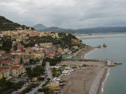 The city center with the Chiesa Parrocchiale di San Giovanni Battista church, the Lido California beach, the Tyrrhenian Sea and the city of Salerno, viewed from the roof terrace of the Hotel Voce del Mare