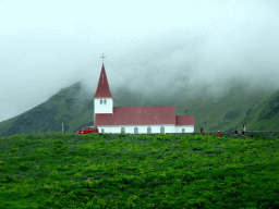The Vikurkirkja church, viewed from a parking lot along the Þjóðvegur road