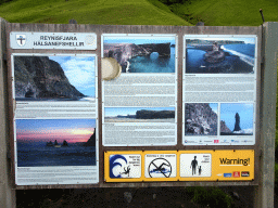 Information on Reynisfjara Beach, with the Hálsanefshellir cave, the Reynisdrangar rocks, the Dyrhólaey peninsula, the Hellnaskagi sandstone pit and the Reynishverfi farms