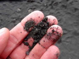 Black sand in Tim`s hand at Reynisfjara Beach