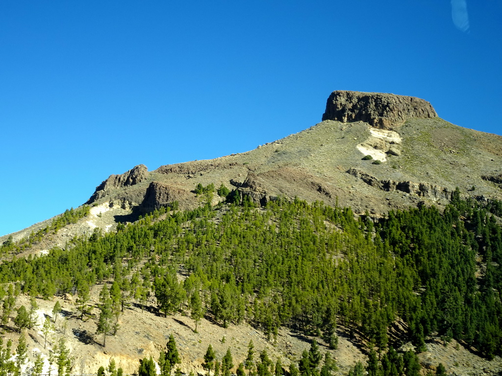 The Sombrero de Chasna mountain and trees on the southwest side of the Teide National Park, viewed from the rental car on the TF-21 road