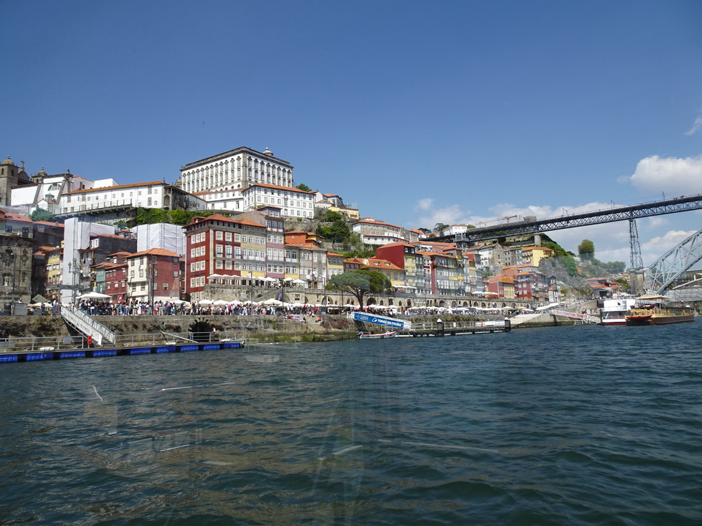 Porto with the Cais da Ribeira street, the Igreja dos Grilos church and the Paço Episcopal do Porto palace and the Ponte Luís I bridge over the Douro river, viewed from the ferry from Porto