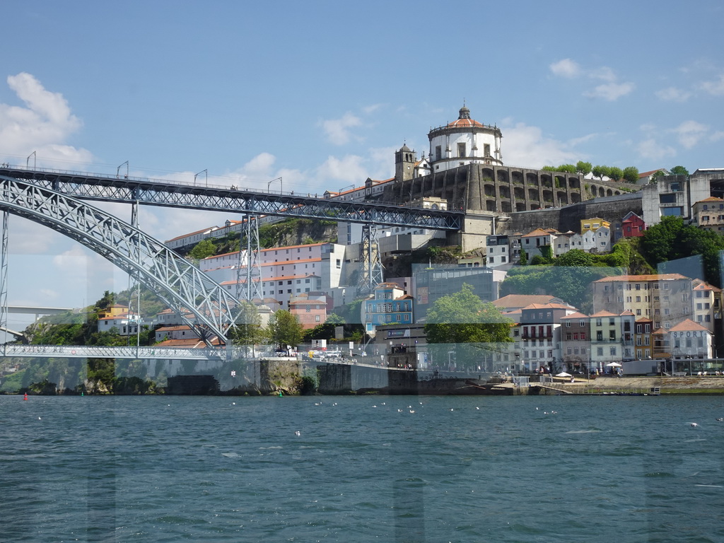 The Ponte Luís I bridge over the Douro river and the Mosteiro da Serra do Pilar monastery, viewed from the ferry from Porto