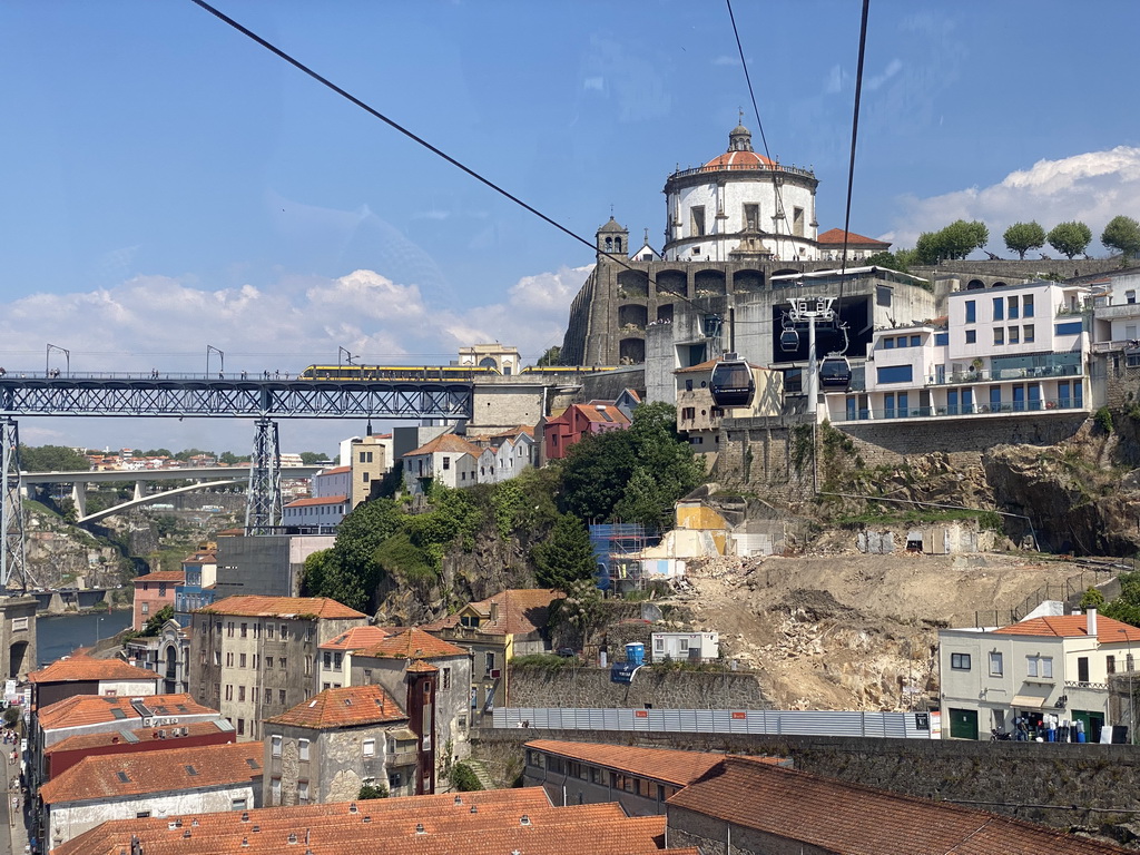 Subway train on the Ponte Luís I bridge, the Ponte Infante Dom Henrique bridges over the Douro river, the Avenida de Diogo Leite street and the Mosteiro da Serra do Pilar monastery, viewed from the Gaia Cable Car