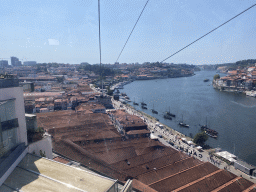 Boats and the Ponte da Arrábida bridge over the Douro river and the city center with the Avenida de Diogo Leite street, viewed from the Gaia Cable Car