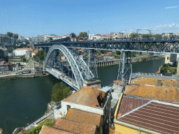 The Muralha Fernandina wall at Porto and the Ponte Luís I bridge over the Douro river, viewed from a viewing point at the Gaia Cable Car building at the Jardim do Morro park