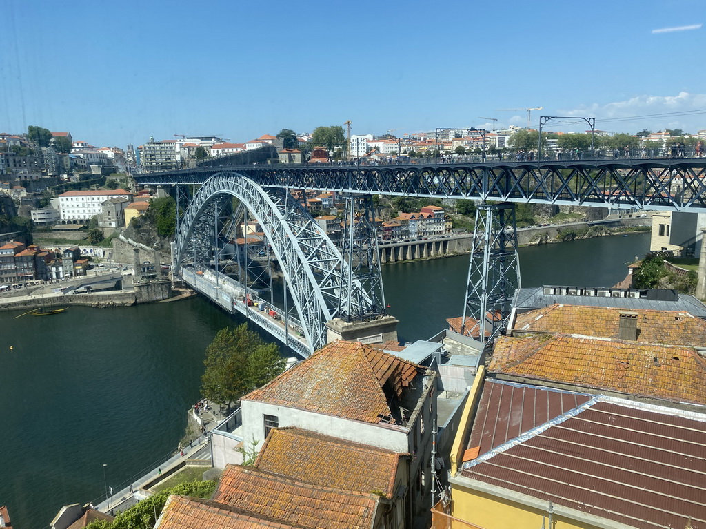The Muralha Fernandina wall at Porto and the Ponte Luís I bridge over the Douro river, viewed from a viewing point at the Gaia Cable Car building at the Jardim do Morro park